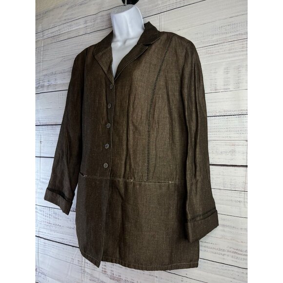 J Jill Women’s Linen Blend Blazer Size L Lagen Boho Stitched Pockets Academia - Picture 3 of 12